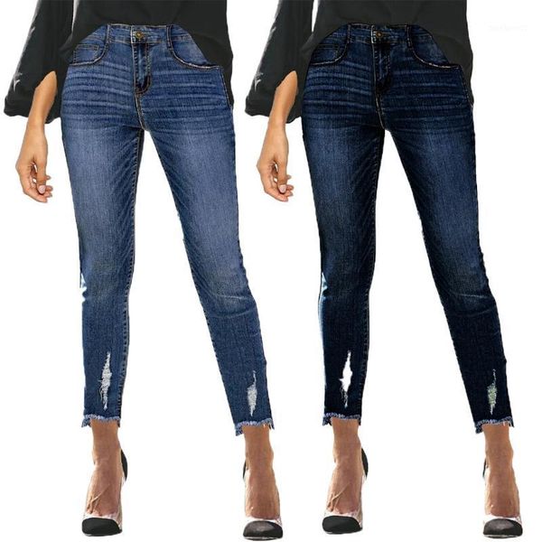 

women's jeans women high waist skinny fashion hole vintage girls slim ripped denim pencil pants trousers, Blue