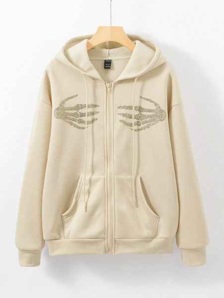 

skeleton pattern zipper up thermal lined drawstring hoodie e5sb#, White;black