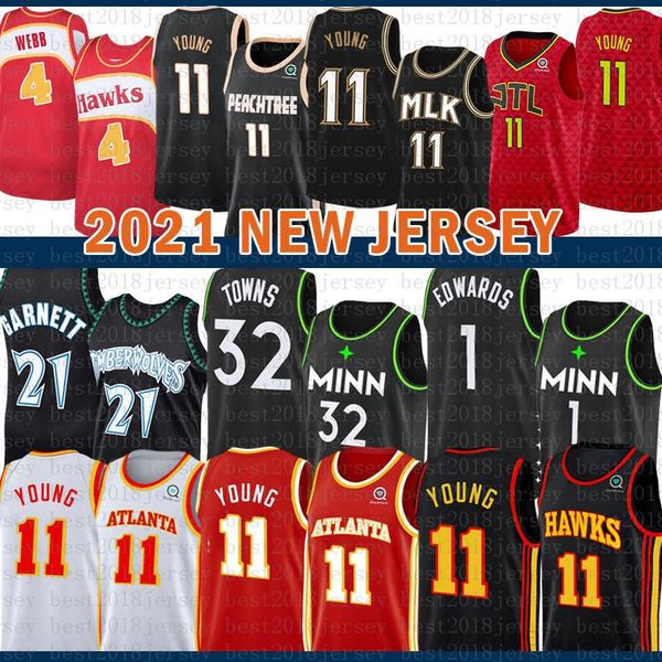 

2021 new basketball jersey minnesota timberwolves atlanta hawk mens 21 garnett 1 edwards 32 towns 11 young 4 webb beige, Black;red
