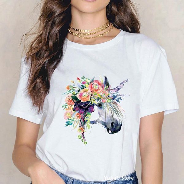 

harajuku flower unicorn print vintage t shirt femme summer cute casual tshirt female white t-shirt unicornio streetwear