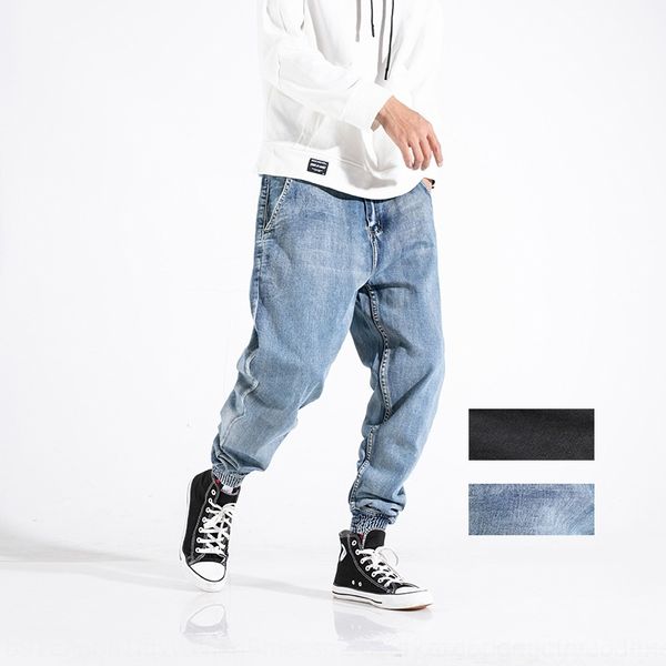 

ovluw spring and summer ribbon japanese ankle-tied jeans and jeansribbon jeanss lace-up loose men jeans pants printed new nine-point harem f, Blue
