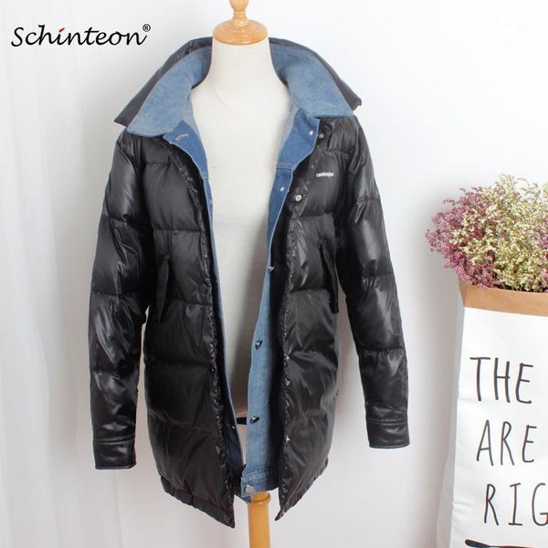 

2019 schinten women white duck down jacket denim collar detachable fashion winter warm outwear over size fake two piece coat1, Black