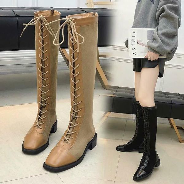 

boots for women 2020 autumn and winter square long tube men retro belt shoes, Black