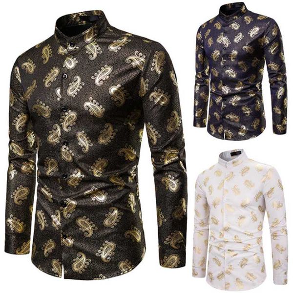 

men's casual shirts fashion men shirt long sleeve luxury gold foil print night-club dance costume male stage wear clothes, White;black