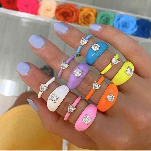 2022 Ins Color Rainbow Fashion Rings for Women Finger Jewelry Clear Cz Colorful Neon Esmalte Open Adjusted Dome Ring