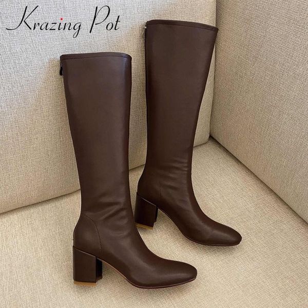 

boots krazing pot equestrian split leather three colors square toe thick high heel zipper young girls mature knee-high l53, Black