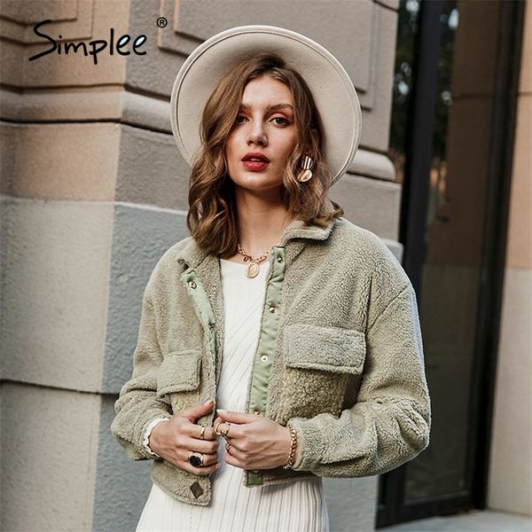 Simple Warm Teddy Pele Casaco Casaco Mulher Inverno Manga Longa Casacos Fluffy Jacet Streetwear Casuais Pockets Feminino Casuais 201209