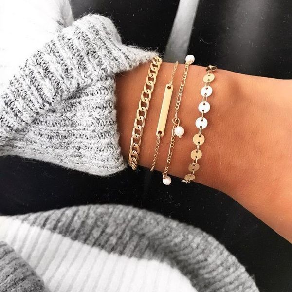 

fashion fishbone leaf openwork triangle circle ball open bracelet adjustable multilayer gold charm bracelet sets party jewelry, Black
