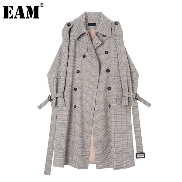 

[eam] women gray plaid stitch big size long trench new lapel long sleeve loose fit windbreaker fashion spring autumn 1z475 201102, Tan;black