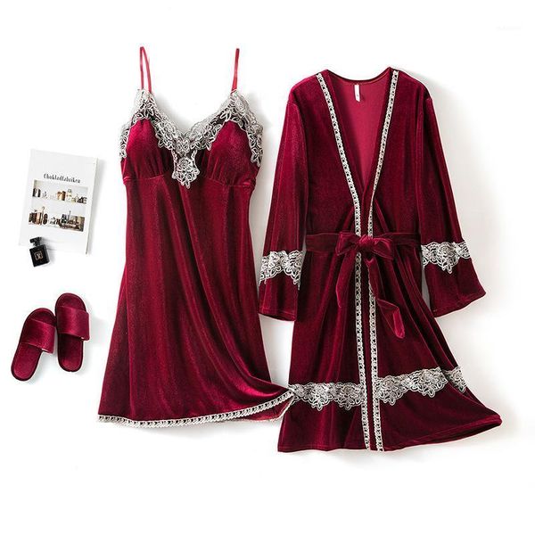 

burgundy velour v-neck backless nightgown suit female lace trim kimono robe gown set autumn winter lounge sleepwear1, Black;red