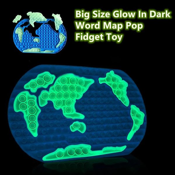 30 cm großes Silikon-Jumbo-Spiel, Fidget Sensory Party Favor, leuchtet im Dunkeln, leuchtende Weltkartenform, riesiges Puzzle, Push-Blase mit DHL/FedEx-Lieferung, 30 x 18 cm