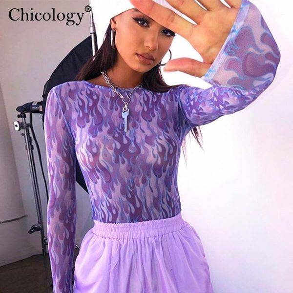 

chicology mesh neon fire print t-shirt women long sleeve crop tshirt 2019 autumn winter streetwear t shirt female clothes1, White