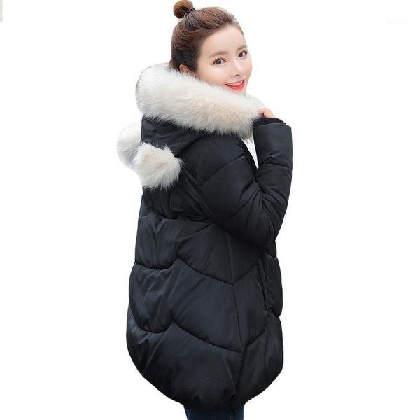 

2020 new arrival women winter jacket hooded with fur collar padded coat sweet students outwear long parka solid1, Black