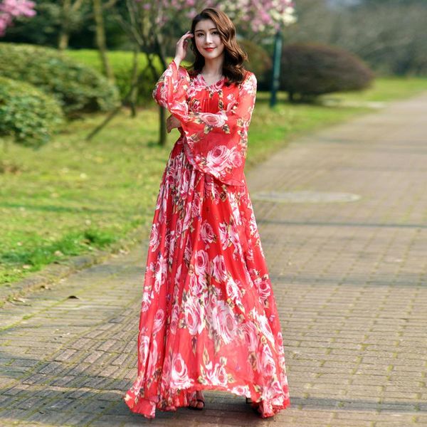 

2020 summer fashion runway maxi dress women bell sleeve red floral print elegant long party dresses plus sizes, Black;gray