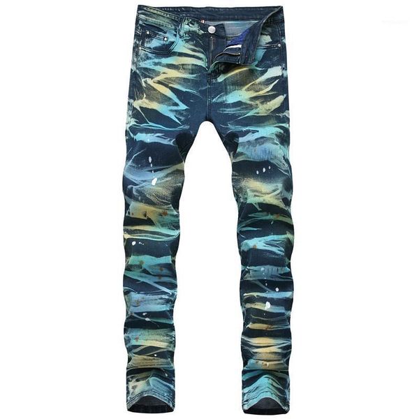 

2021 new fashion men's hip hop printed jean pants washed slim fit painted denim trousers for man straight size dropshipping1, Blue