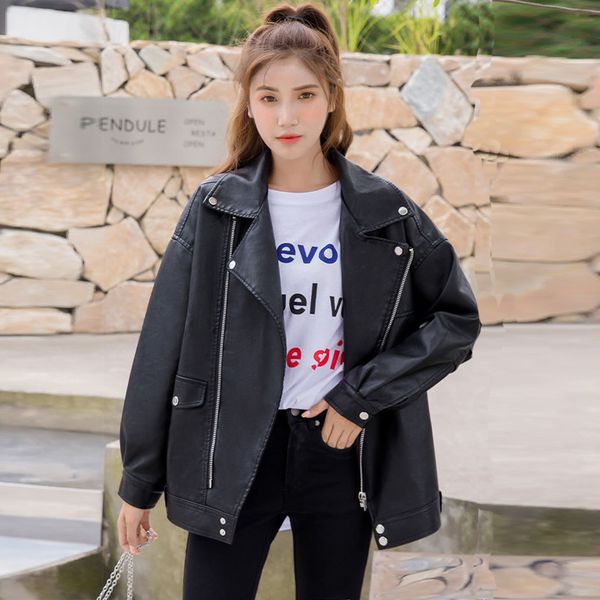 

korean style women's leather jacket spring autumn loose solid coat turn down collar asymmetric zipper buttons pockets outerwear 201030, Black