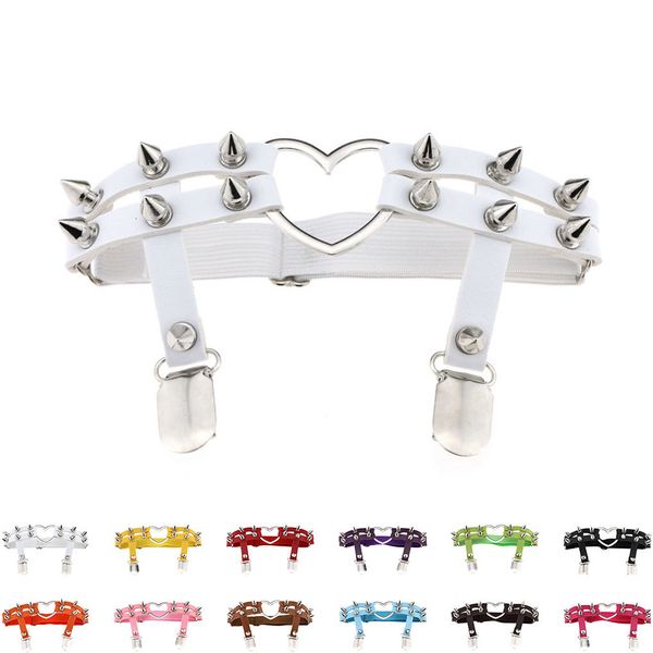 

1pcs women leather double strap heart adjustable elastic rivet stud leg garter belt party accessories, Black;white