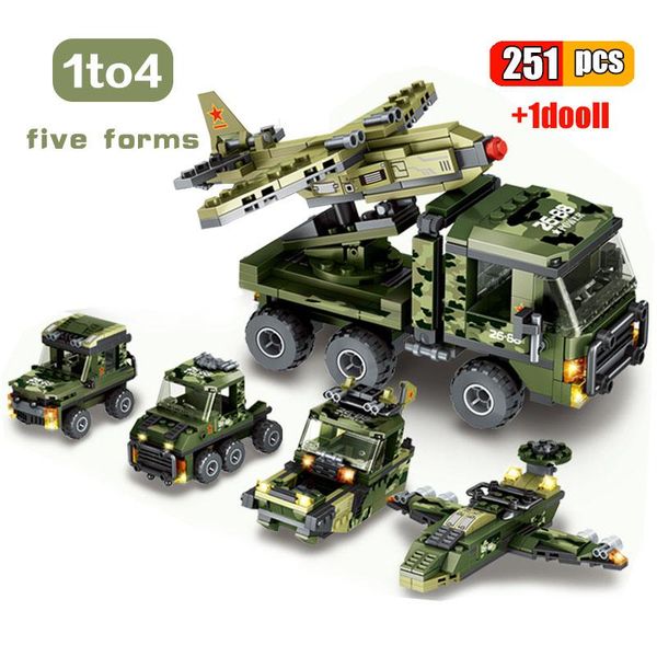 

251pcs uavs transport vehicle building blocks 1 to 4 military truck airplane car army vehicle weapon model educational toys wmtxnr