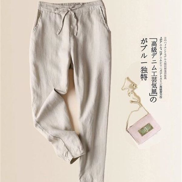 

2021 new women's elastic waist drawstring linen pants trousers joggers, Black;white
