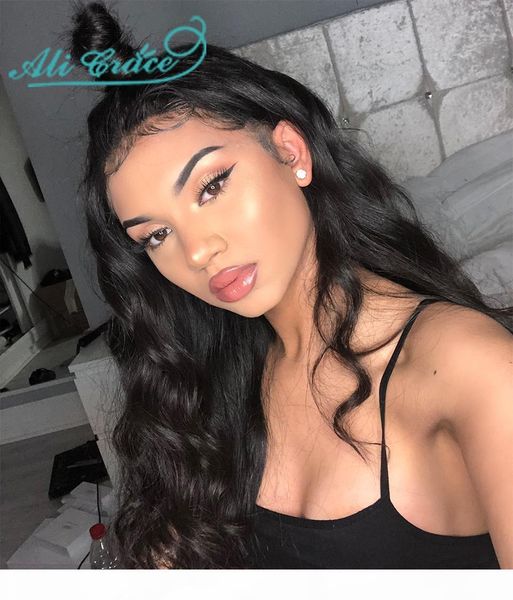 

али грейс перуанский фронта шнурка парик волос preplucked 13x6 глубоководной части фронта шнурка свободная волна человеческих волос парики п, Black