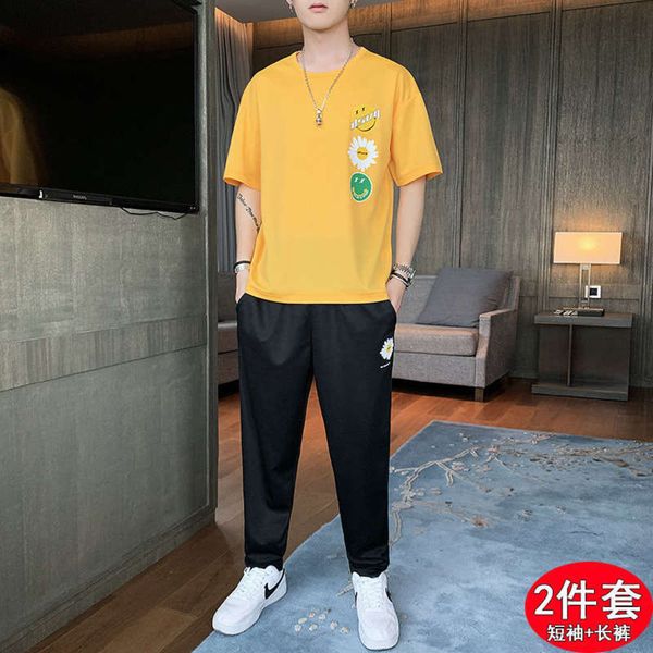 

suit casual loose thin t-shirt men's sports summer short sleeve pants 2-piece set, Gray