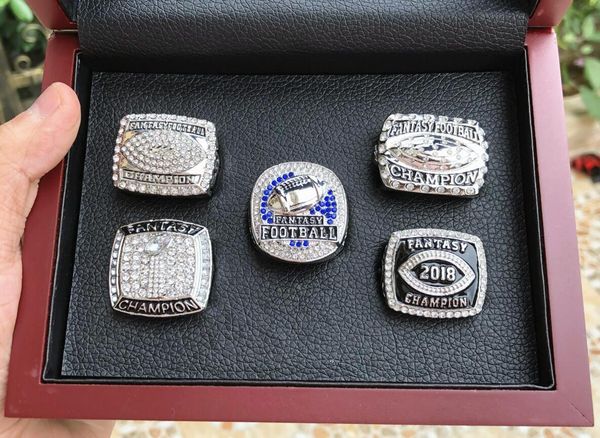 

5pcs 2015 2016 2017 2018 2019 fantasy football team champions championship ring with wooden box set souvenir men fan gift 2020, Golden;silver
