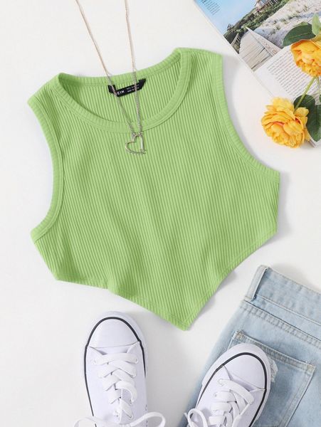 

asymmetrical hem rib-knit crop tank 35ye#, White