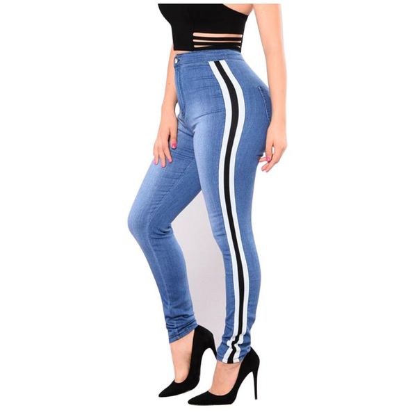 

women's jeans stripe side ripped skinny leisure stretchy long denim pants 2021 spring women streetwear casual blue