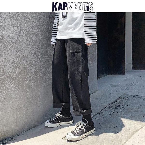 

kapments streetwear mens harajuku pocket black jeans 2020 vintage men fashion hip hop denim jeans male high waist wide leg pants, Blue
