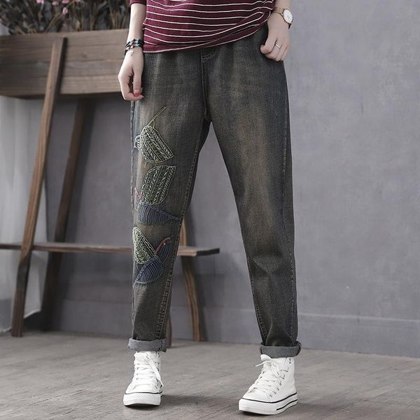 

spring autumn jeans retro women elastic waist loose denim pants 2020 new ladies embroidery pocket casual denim trousers, Blue