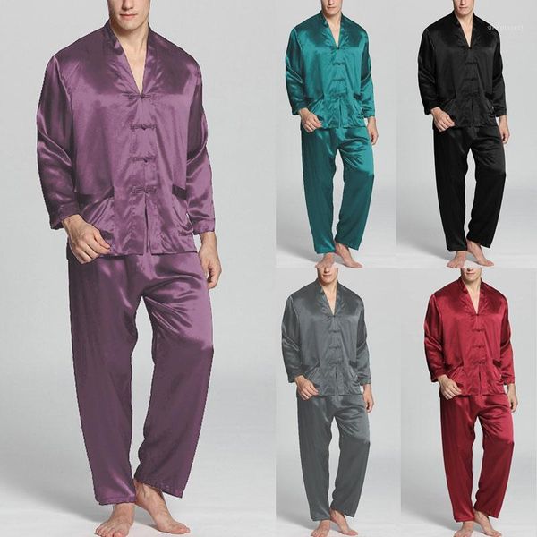 

men sleep sets men fashion pajamas sets long sleeve v neck faux silk satin solid color nightwear loose button sleepwear homewear1, Black;brown