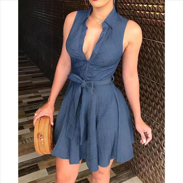 

2020 new brand women dress v neck shirt sleeveless club dress party denim casual belt bowknot jeans bandage bodycon dress, Black;gray