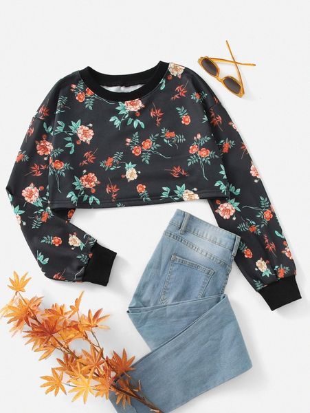 

floral print drop shoulder crop sweatshirt 987k#, White;black