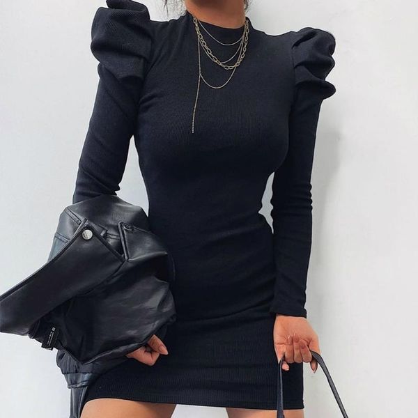 

women puff long sleeve rib knitted dress autumn o neck solid mini party dress winter long sleeve elegant office lady, Black;gray
