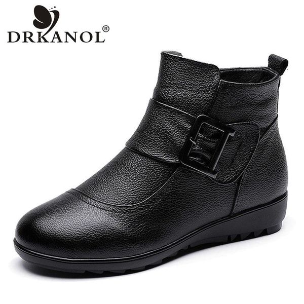 

drkanol new women thick plush warm snow boots winter side zipper flat heel ankle boots women genuine leather cotton shoes h8901, Black