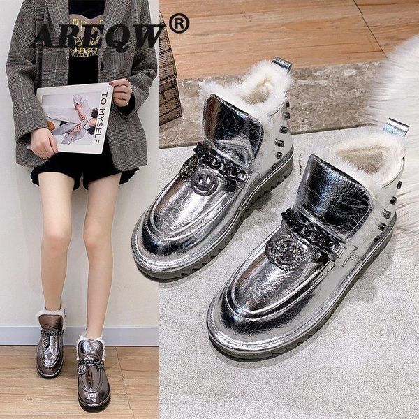 

boots areqw snow women shoes 2021 glitter flat ankle winter warm plush short booties botines mujer, Black
