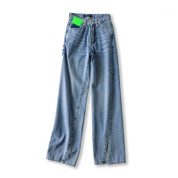 

woman labeled asymmetric side split straight high waist jeans demin xs s  l1, Blue