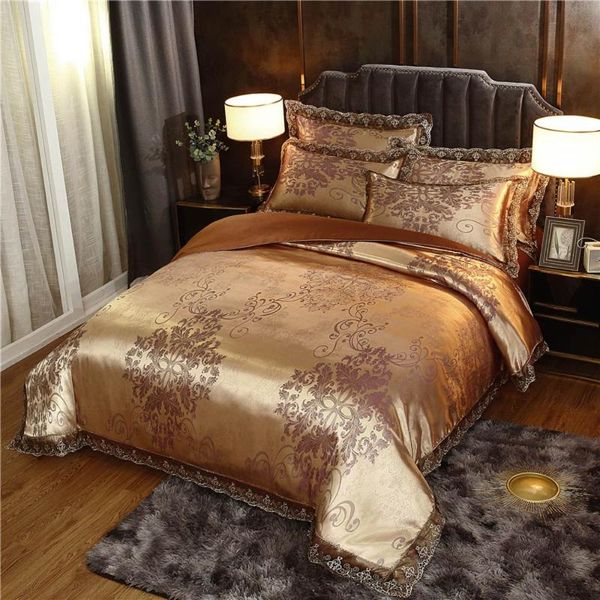 

svetanya dark golden european phoenix flowers bedding silk polyester linens  king size duvet cover set sheet pillow sham