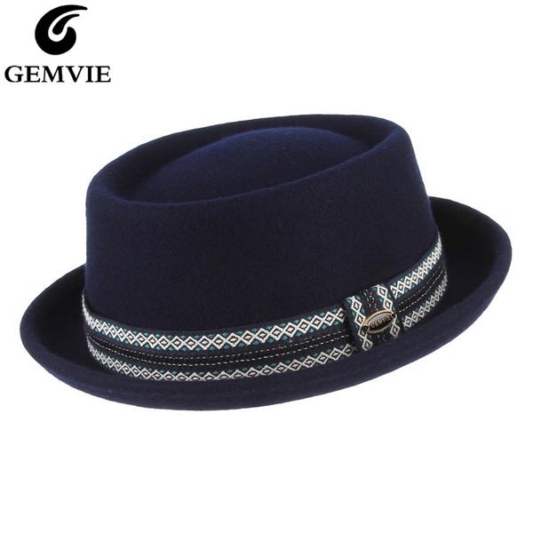 

gemvie 100% wool felt blue porkpie hat for men/women crushable curved brim pork pie wool hat autumn winter fedora t200323, Blue;gray