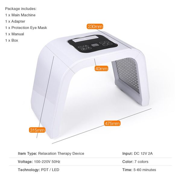 7 cores LED Foton Máscara de Luz Terapia PDT Lâmpada Beleza Máquina Tratamento Pele Aperte a Acne Removendo Rujuvenescimento da Pele