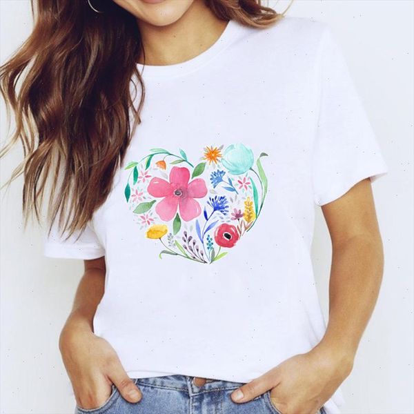

women 2021 summer short sleeve floral heart fashion lady t shirts t shirt ladies womens graphic female tee shirt, White