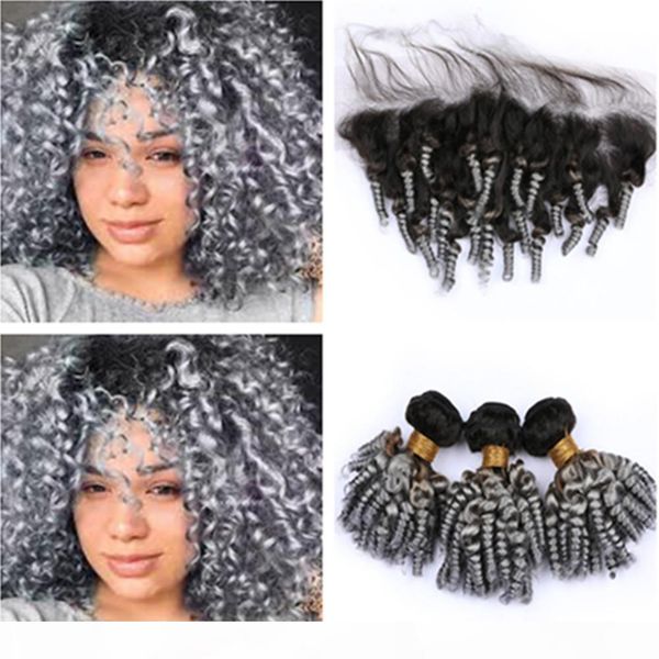 

#1b grey ombre virgin brazilian aunty funmi human hair 3bundles with frontal curly silver grey ombre 13x4 lace frontal closure with weaves, Black;brown