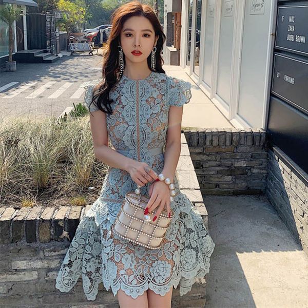 

2021 new will see dressed in green lace blue casual high fashion irregular mini dress runway woman design ymmw, Black;gray