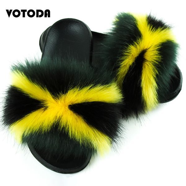 

women faux fox fur slippers fluffy raccoon fur slides lady fashion falt non slip flip flops plush beach sandals summer footwear x1020, Black