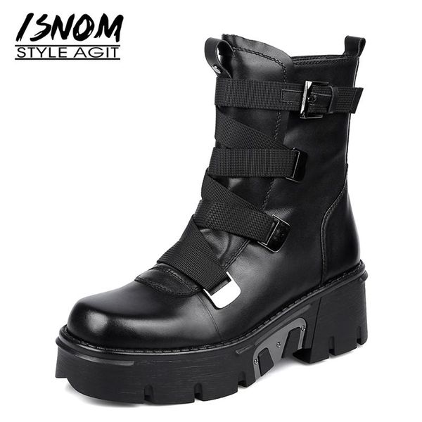 

isnom genuine leather ankle boots woman wedges shoes square toe strappy booties platform zip motorcycle boot thick sole 2021, Black