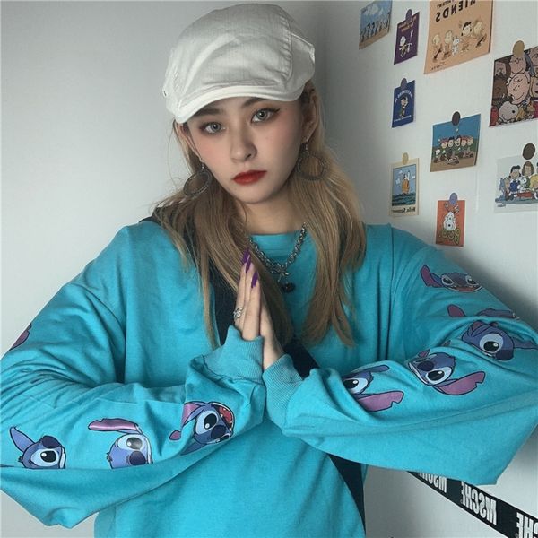 

ji5kf ins blue fairy thin women's year autumn loose coat sweater sweater korean harajuku style sleeve printed ancient coat ancient avnu, Black