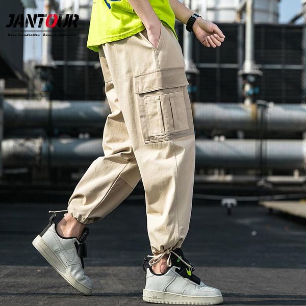 

men's pants men fashion sporty hiphop causal running high street jogger khaki 100%cotton big pocket trousers male pantalon, Black