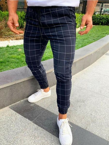 

spring fashion men's casual high waist elastic slim fit trousers casual plaid stretch pencil pants with pockets sweatpants1, Black