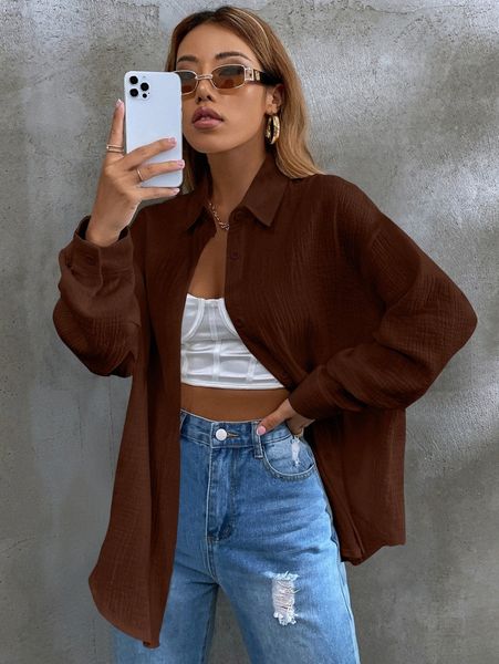 

solid button front oversized blouse y53k#, White