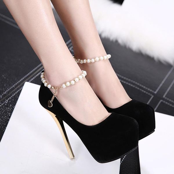

2021 new waterproof platform fashion gold-plated and suede pearl stiletto fashion banquet super high heel women's shoes, Black